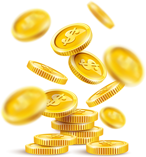 Gold coins cash money pile stack falling dollar Coins. PNG